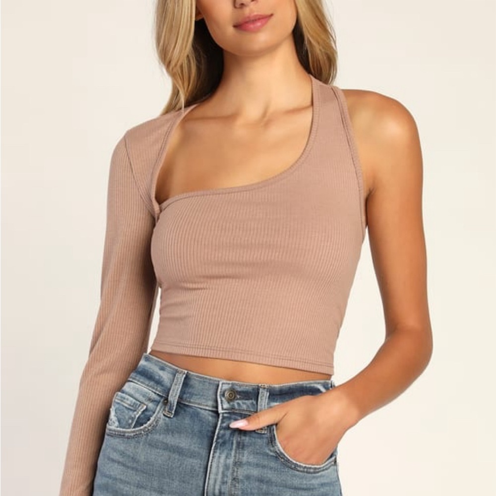 Lulus Edge of Style Light Brown Ribbed Long Sleeve Asymmetrical Top